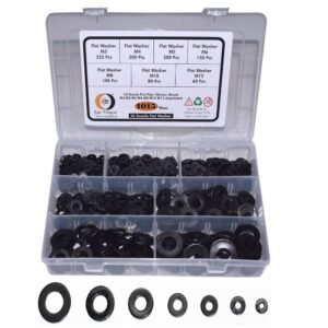 1015 Pcs Black Coated Plain Flat Washer 7 Sizes M3-M12 Assortment Pack