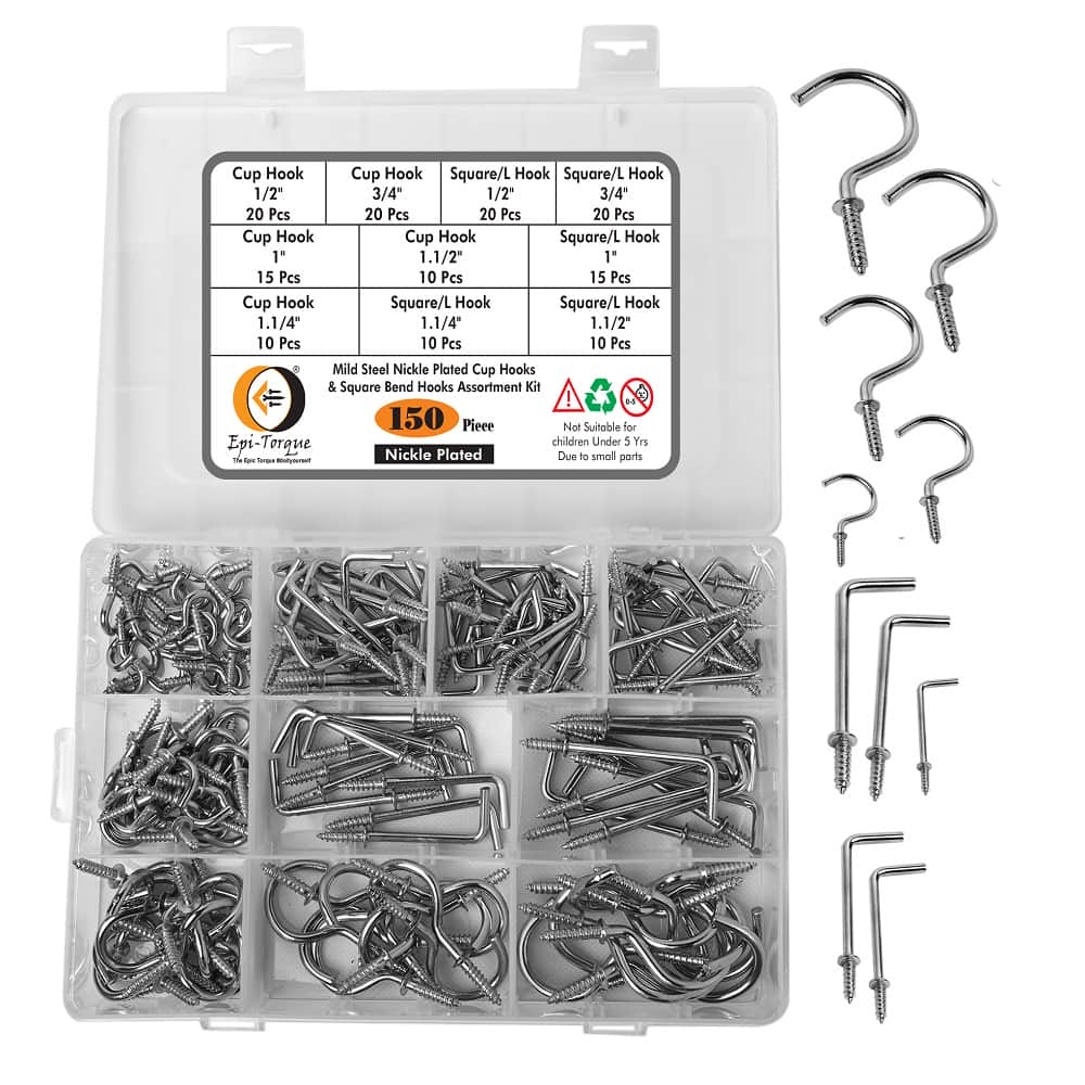 150-Pieces Nickle Plated Screw-in Ceiling Cups Hooks & Square Bend Hooks Assortment Set Kit for Hanging 1