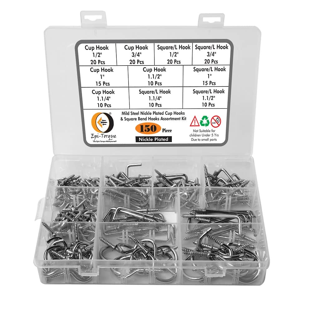 150-Pieces Nickle Plated Screw-in Ceiling Cups Hooks & Square Bend Hooks Assortment Set Kit for Hanging 2