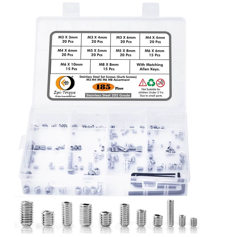 185 Pcs 10 Sizes Stainless Steel Socket Set Grub Screws Assortment Pack 1