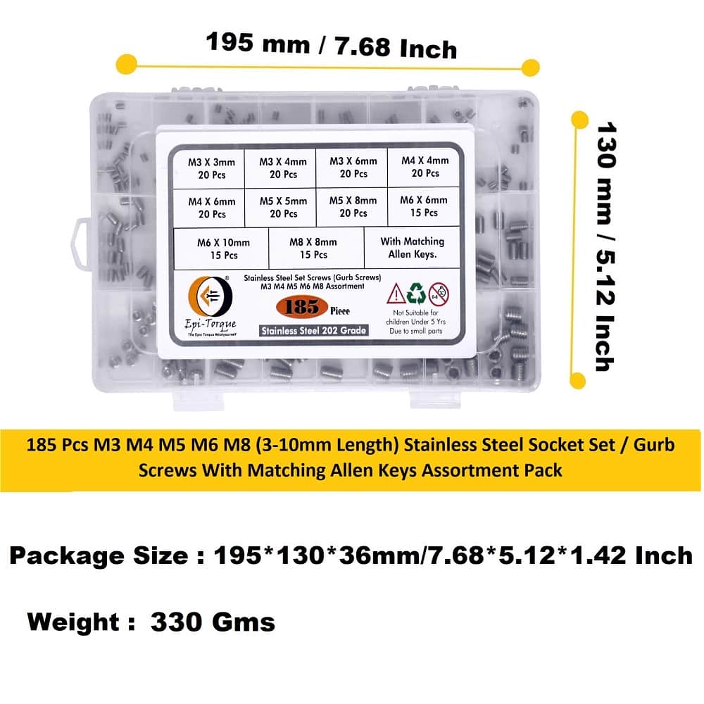 185 Pcs 10 Sizes Stainless Steel Socket Set Grub Screws Assortment Pack 7