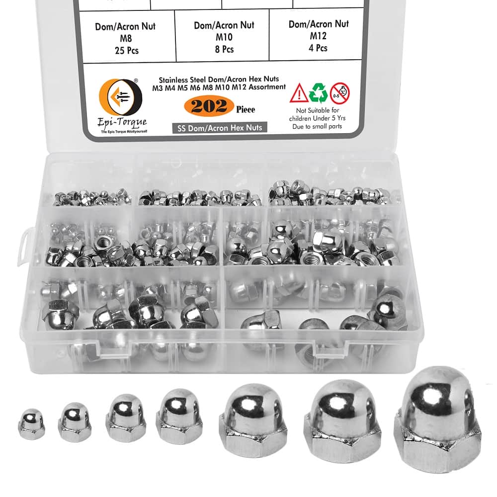 202 Stainless Steel Serrated Metric Acorn Cap Nuts Hex Dome Cap Assortment Kit, 7 Sizes - M3 M4 M5 M6 M8 M10 M12 1