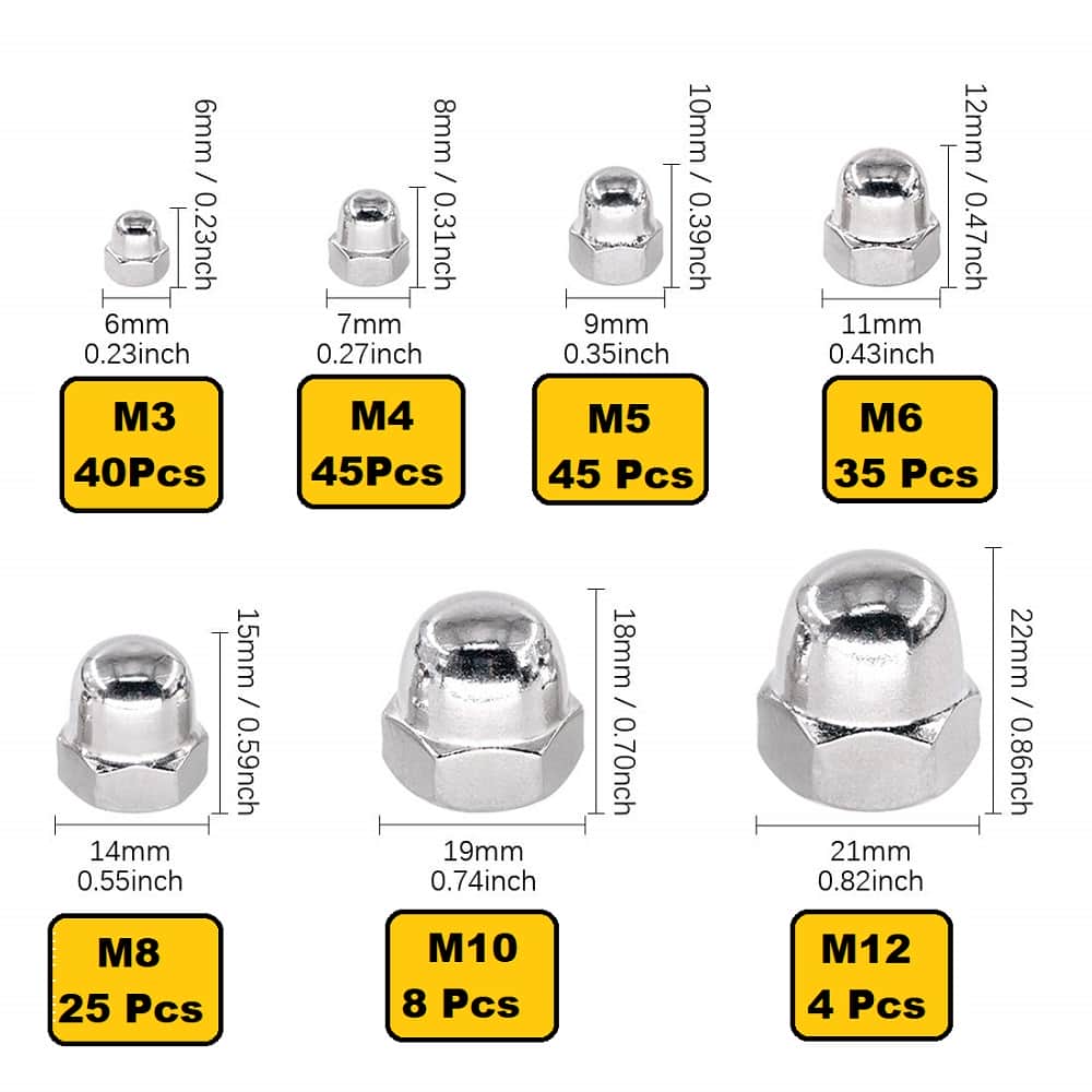 202 Stainless Steel Serrated Metric Acorn Cap Nuts Hex Dome Cap Assortment Kit, 7 Sizes – M3 M4 M5 M6 M8 M10 M12 3