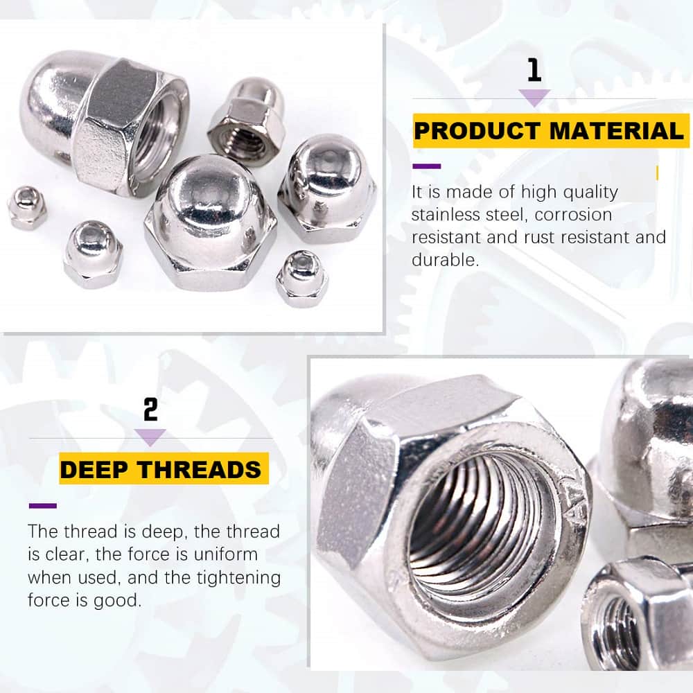202 Stainless Steel Serrated Metric Acorn Cap Nuts Hex Dome Cap Assortment Kit, 7 Sizes – M3 M4 M5 M6 M8 M10 M12 4