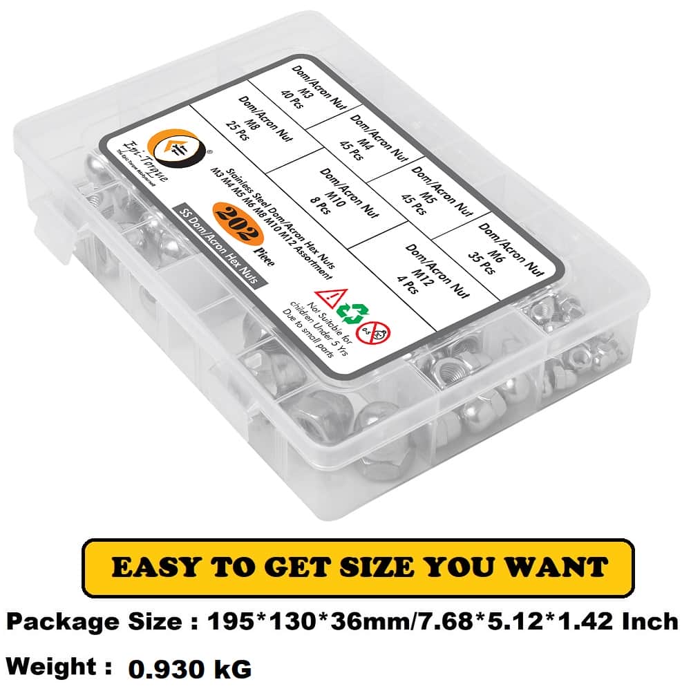 202 Stainless Steel Serrated Metric Acorn Cap Nuts Hex Dome Cap Assortment Kit, 7 Sizes – M3 M4 M5 M6 M8 M10 M12 6