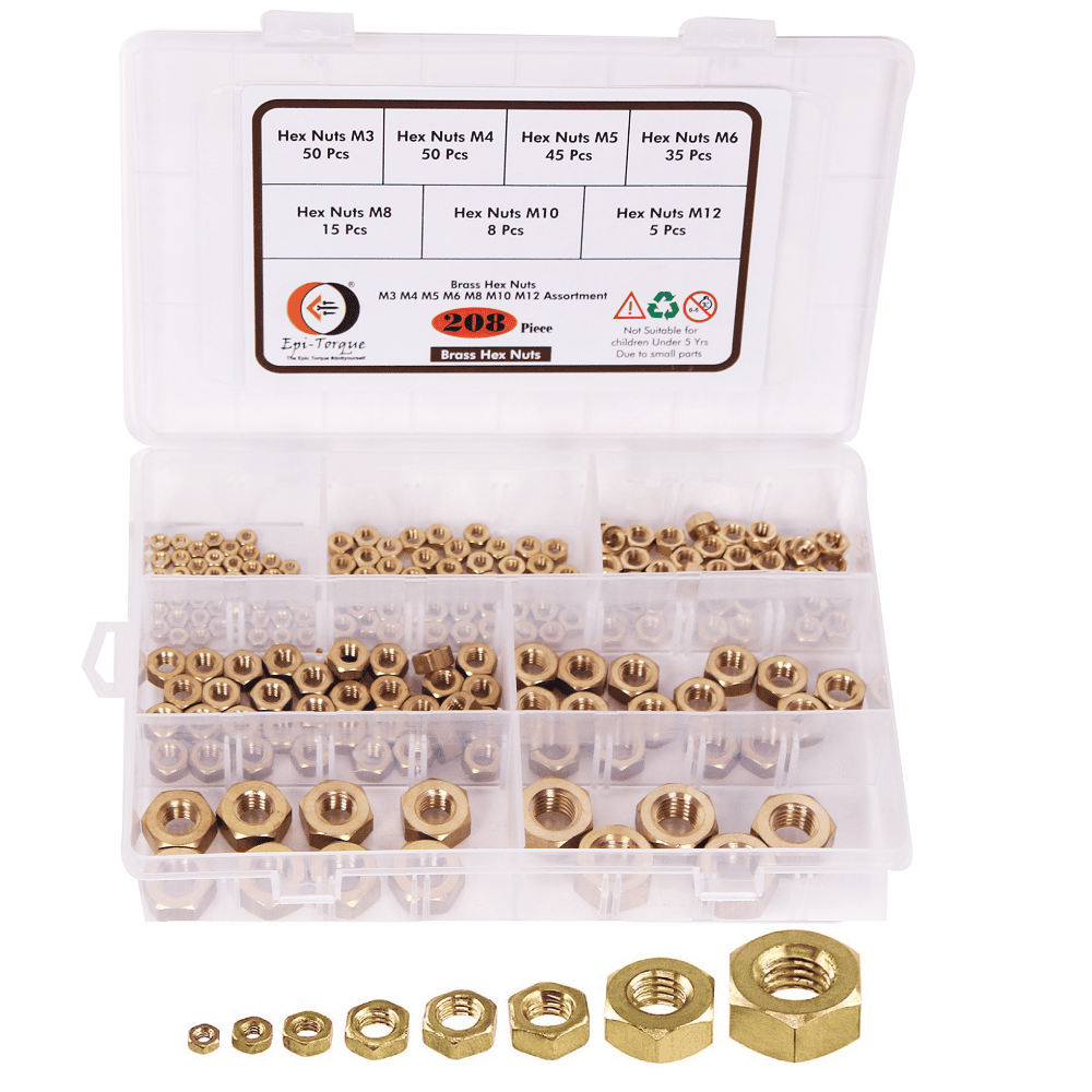 208 Pcs Brass Hex Nuts M3-M12 Assortment Pack 1