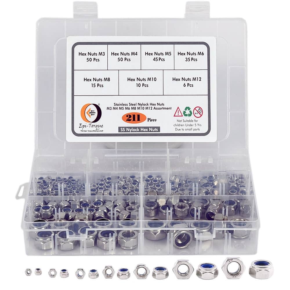 211 Pcs Stainless Steel Hex Nylock Nut M3-M12 Assortment Pack 1