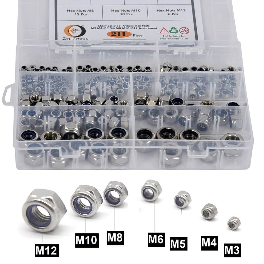 211 Pcs Stainless Steel Hex Nylock Nut M3-M12 Assortment Pack 2