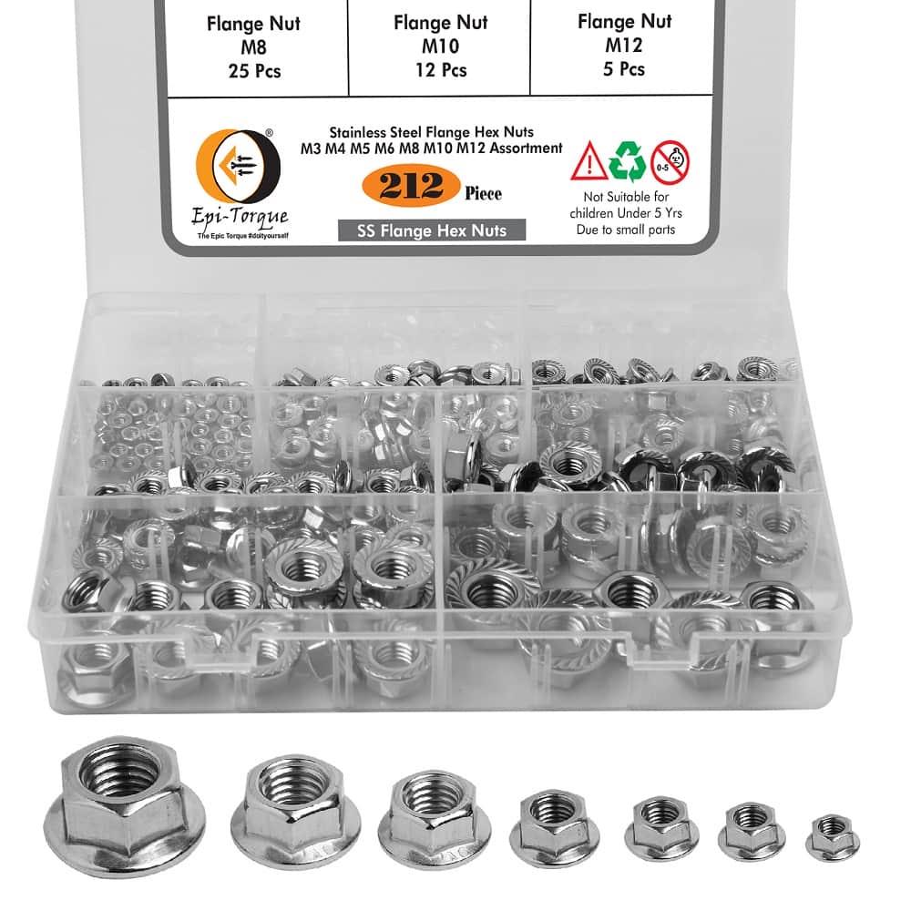 212 Pcs Stainless Steel Serrated Hex Flange Nuts Flange Metric Hex Lock Nuts Assortment Kit (M3 M4 M5 M6 M8 M10 M12) 1