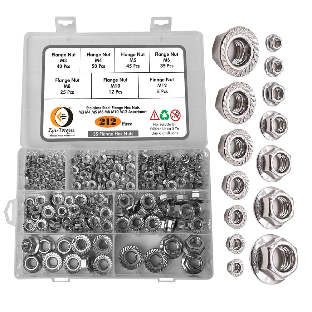 212 Pcs Stainless Steel Serrated Hex Flange Nuts Flange Metric Hex Lock Nuts Assortment Kit (M3 M4 M5 M6 M8 M10 M12) 2