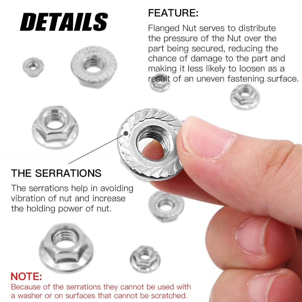 212 Pcs Stainless Steel Serrated Hex Flange Nuts Flange Metric Hex Lock Nuts Assortment Kit (M3 M4 M5 M6 M8 M10 M12) 4