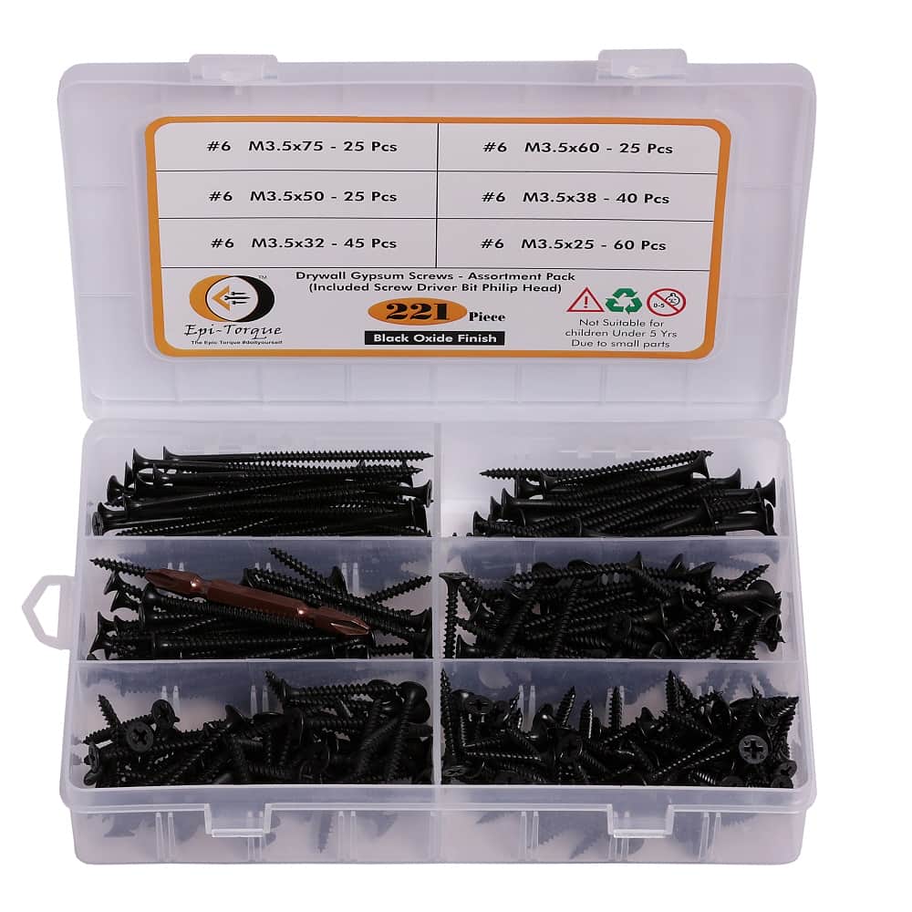 221 Pcs 6 Sizes Black Drywall Gypsum Screw 3.5MM #6 With Screw Driver Bit Assortment Pack 1