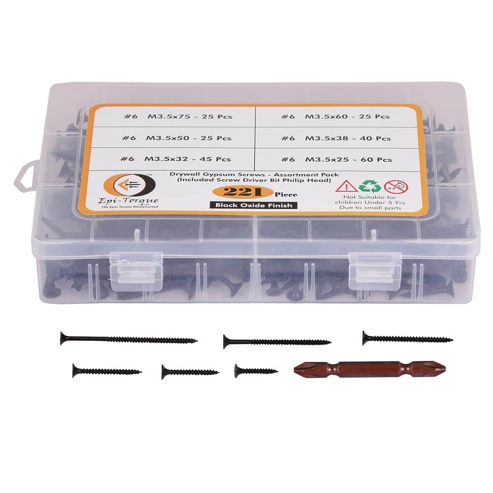 221 Pcs 6 Sizes Black Drywall Gypsum Screw 3.5MM #6 With Screw Driver Bit Assortment Pack 3