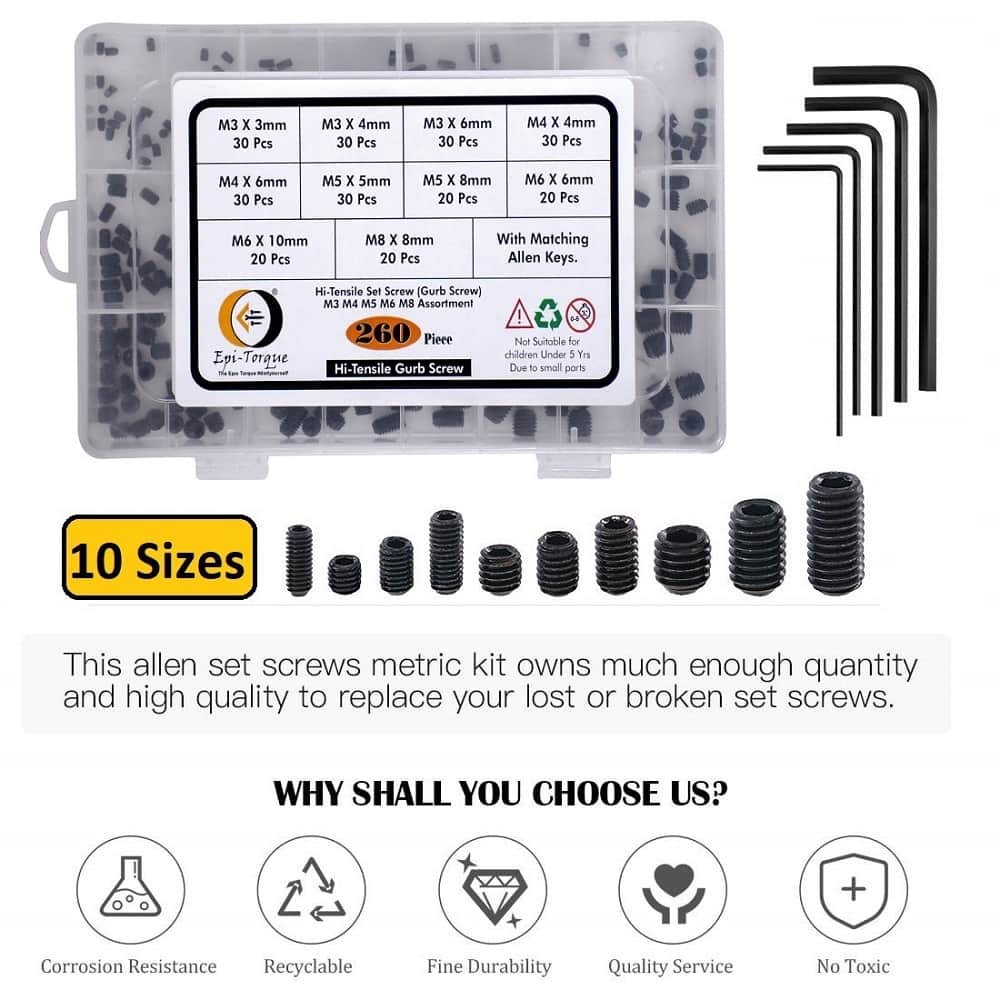 260 Pcs 10 Sizes Hi Tensile Socket Set Grub Screws Assortment Pack 3