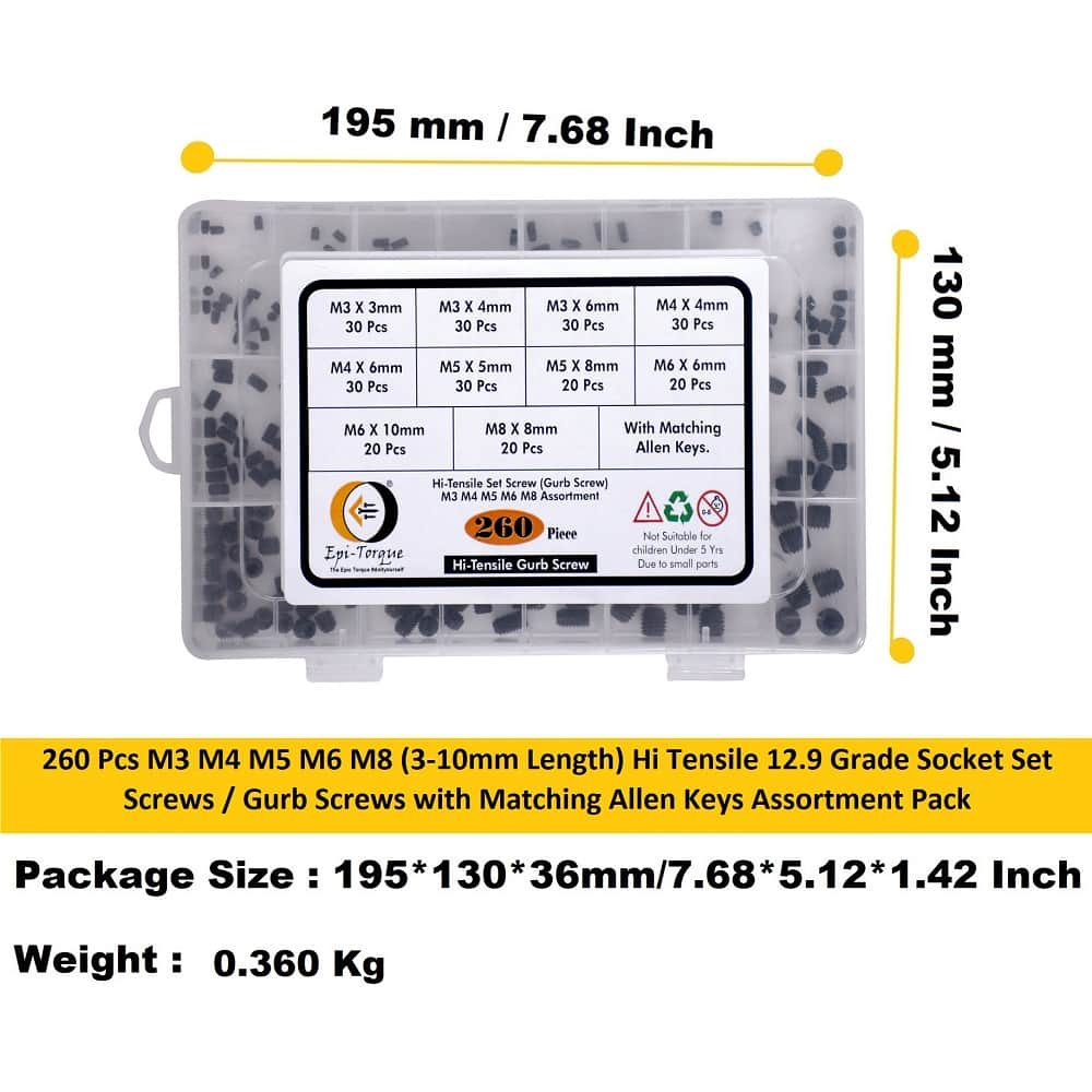 260 Pcs 10 Sizes Hi Tensile Socket Set Grub Screws Assortment Pack 7