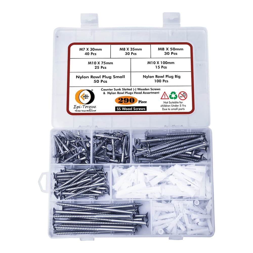 290 Pcs Stainless Steel Wood Screws, Rawl Plugs Assortment Pack 2