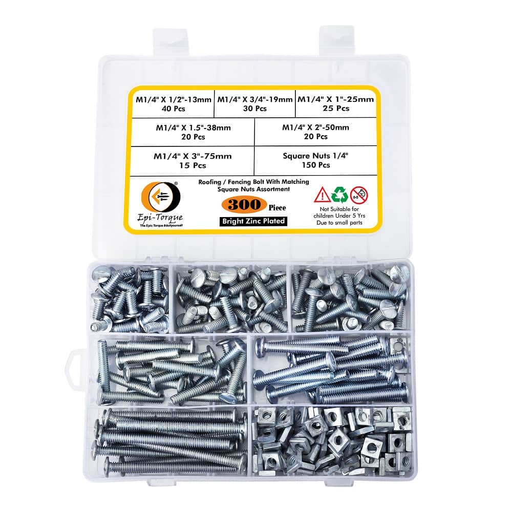 300 Pcs SAE Zinc Plated Roofing Bolts With Square Nuts Assortment Pack 2