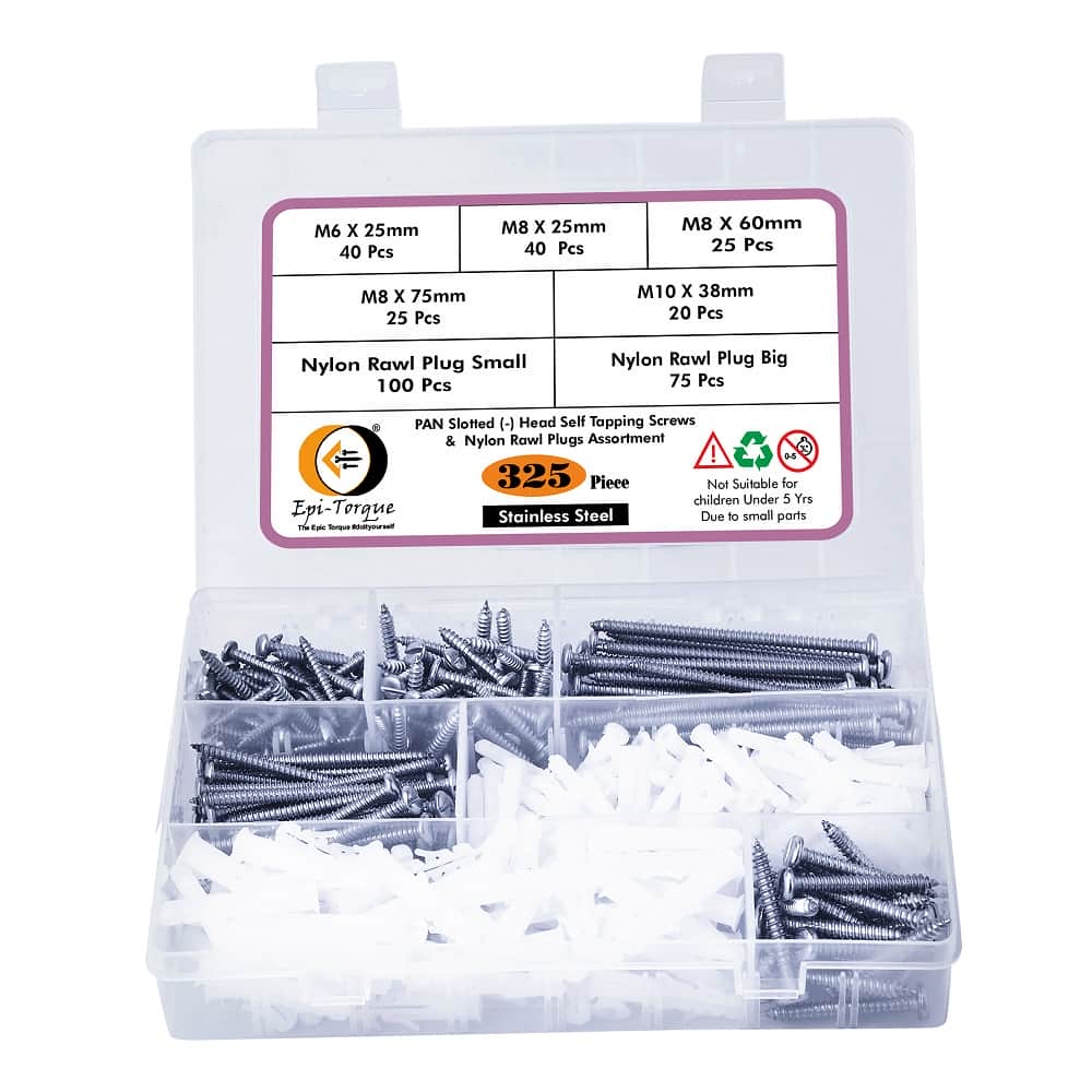 325 Pcs Stainless Steel PAN Slotted Minus Head Screws & Plastic Rawl Plug Assortment 1