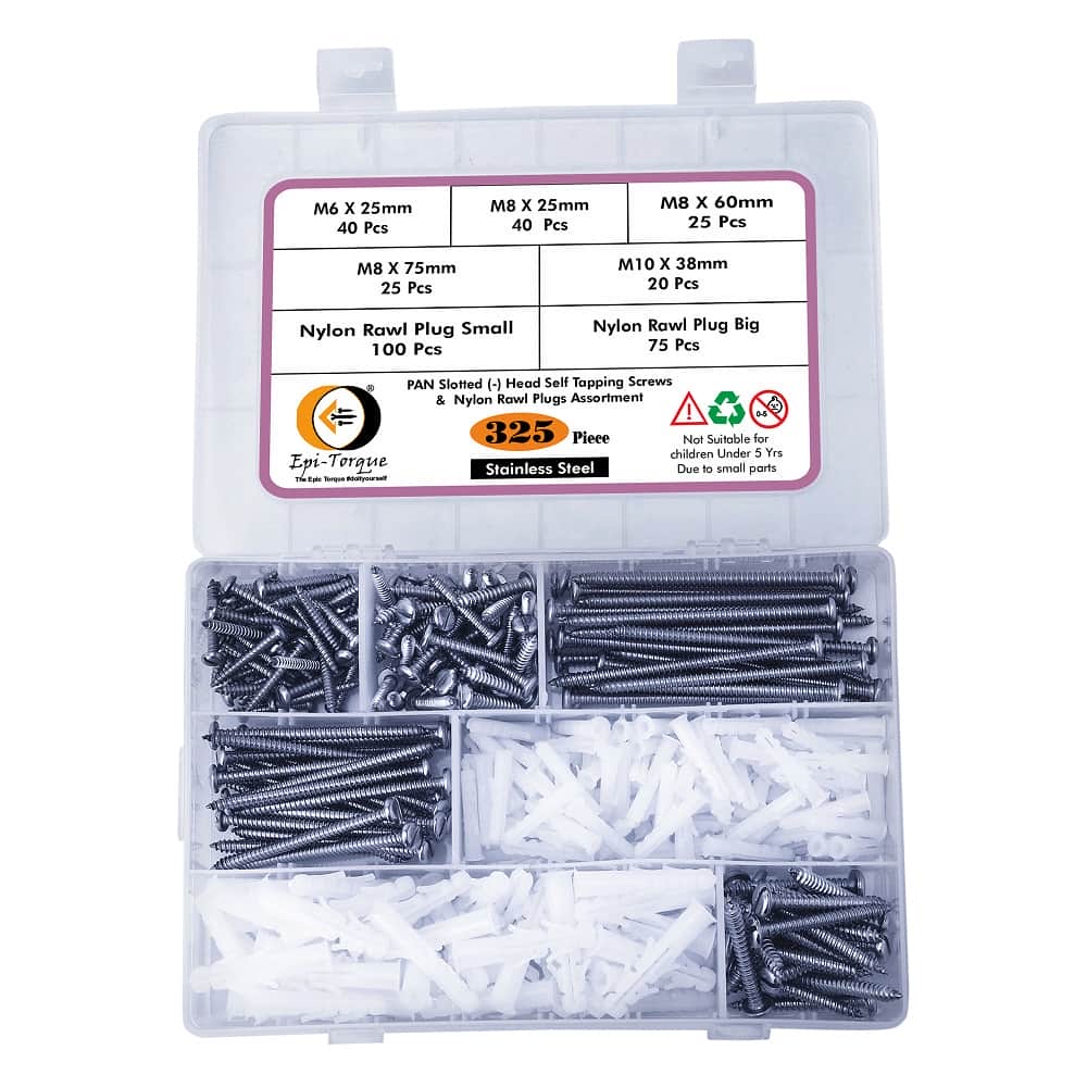 325 Pcs Stainless Steel PAN Slotted Minus Head Screws & Plastic Rawl Plug Assortment 2
