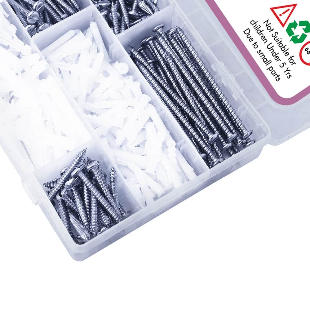 325 Pcs Stainless Steel PAN Slotted Minus Head Screws & Plastic Rawl Plug Assortment 3