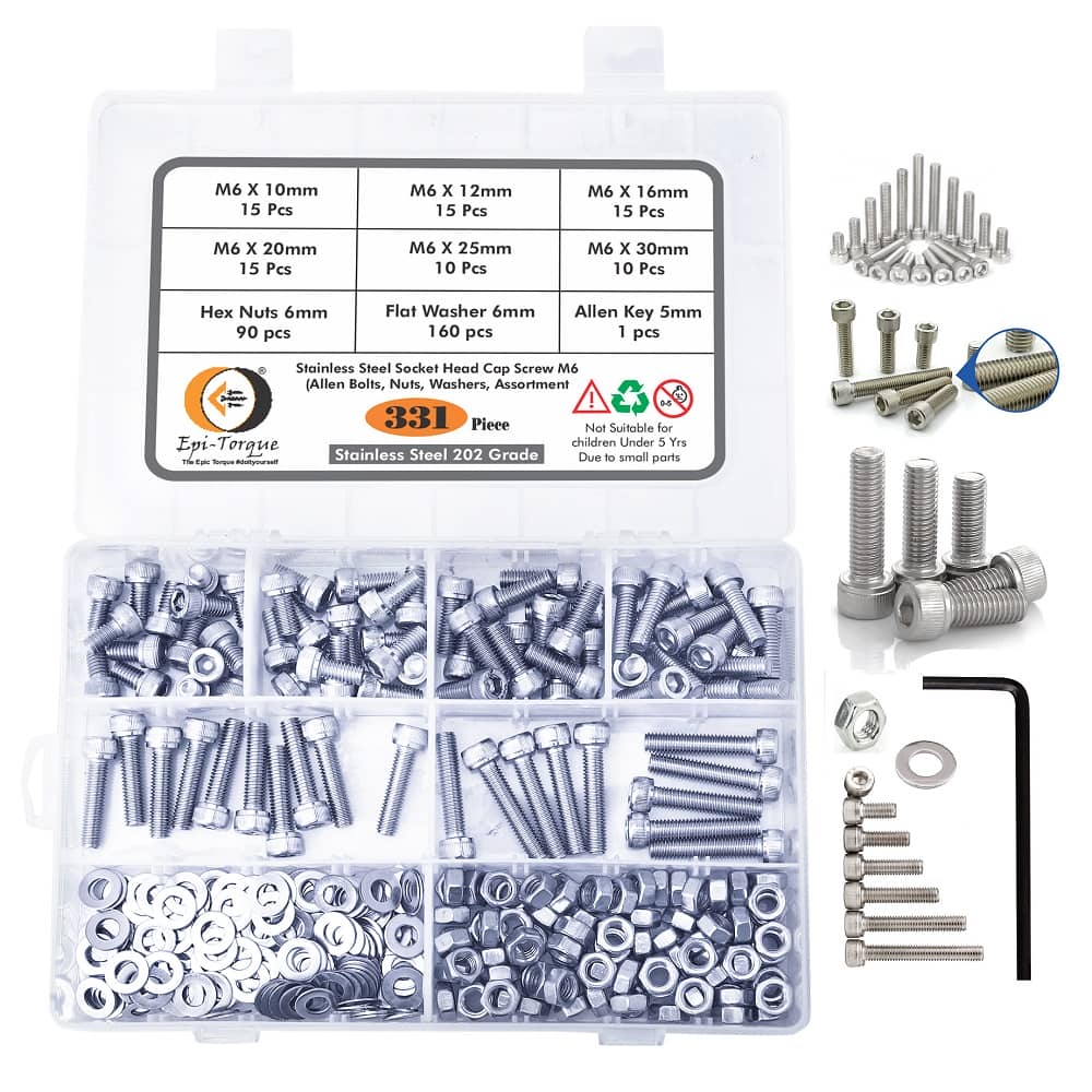 331 Pcs M6 Dia Stainless Steel Socket Head Allen Bolts Assortment Pack 1