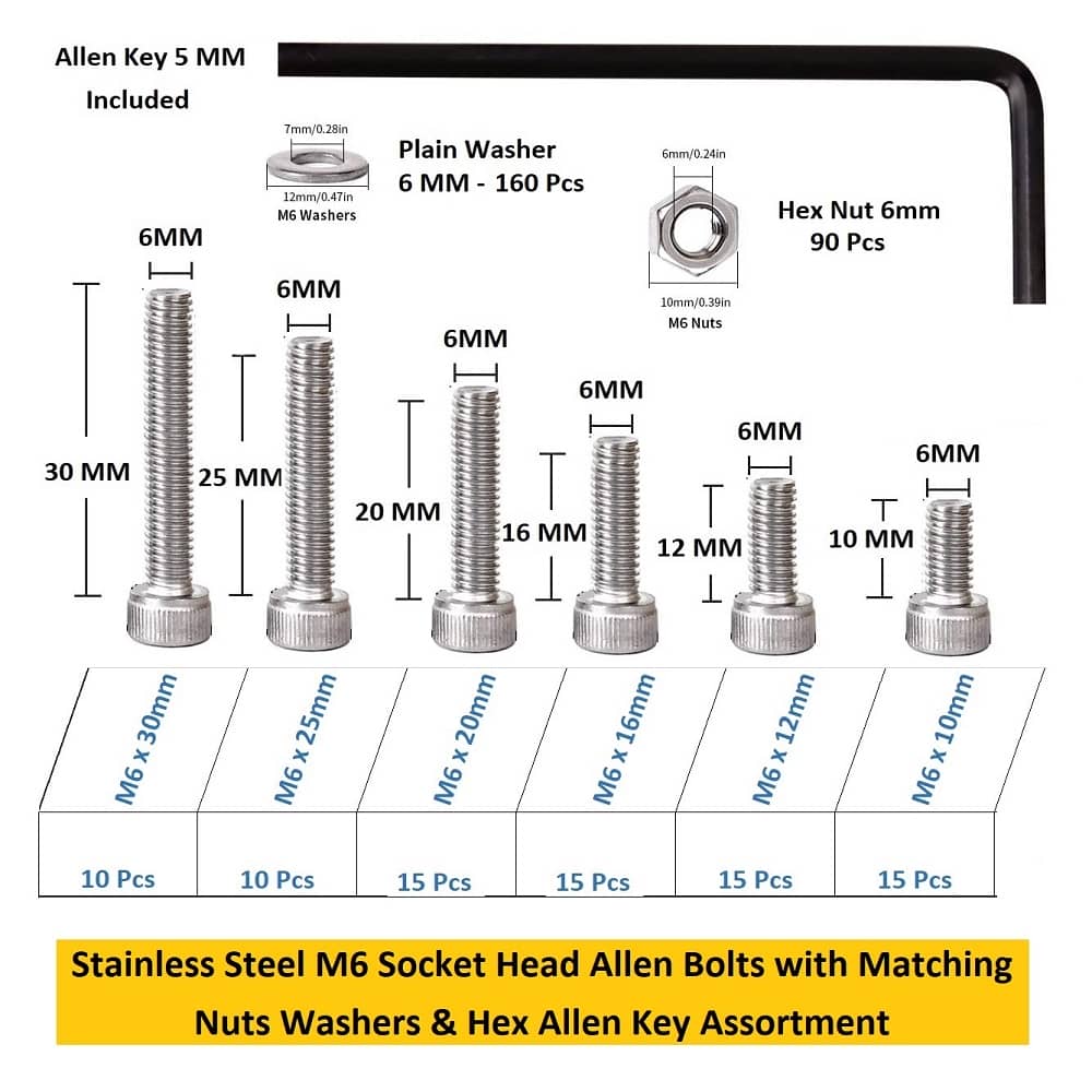 331 Pcs M6 Dia Stainless Steel Socket Head Allen Bolts Assortment Pack 3