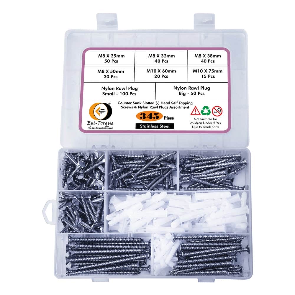 345 Pcs Stainless Steel CSK Slotted Minus Head Screws & Rawl Plug Assortment Pack 2 – Copy