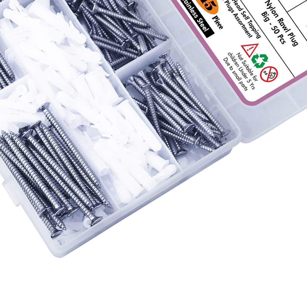 345 Pcs Stainless Steel CSK Slotted Minus Head Screws & Rawl Plug Assortment Pack 3 – Copy
