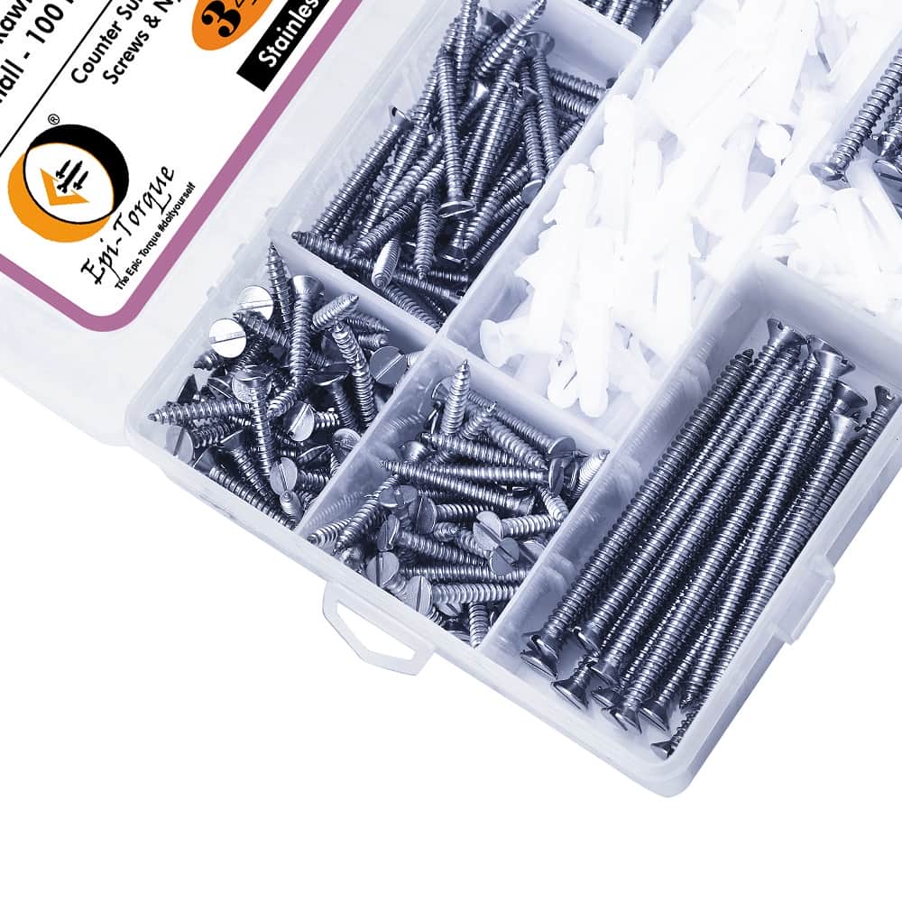 345 Pcs Stainless Steel CSK Slotted Minus Head Screws & Rawl Plug Assortment Pack 4 – Copy