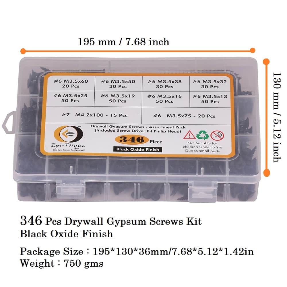 346 Pcs 10 Sizes Black Drywall Gypsum Screw 3.5MM #6 With Screw Driver Bit Assortment Pack 4