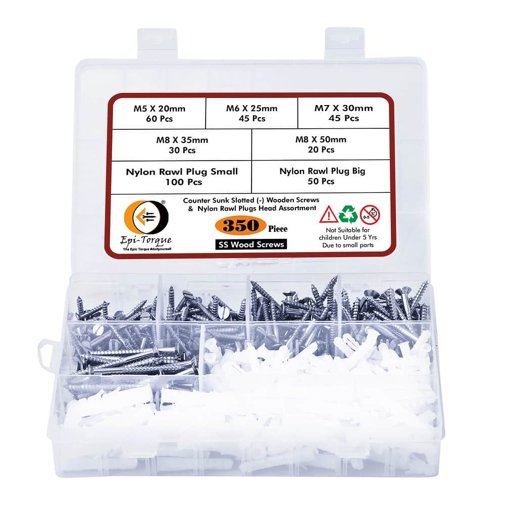 350 Pcs Stainless Steel Wood Screws, Rawl Plugs Assortment Pack 1