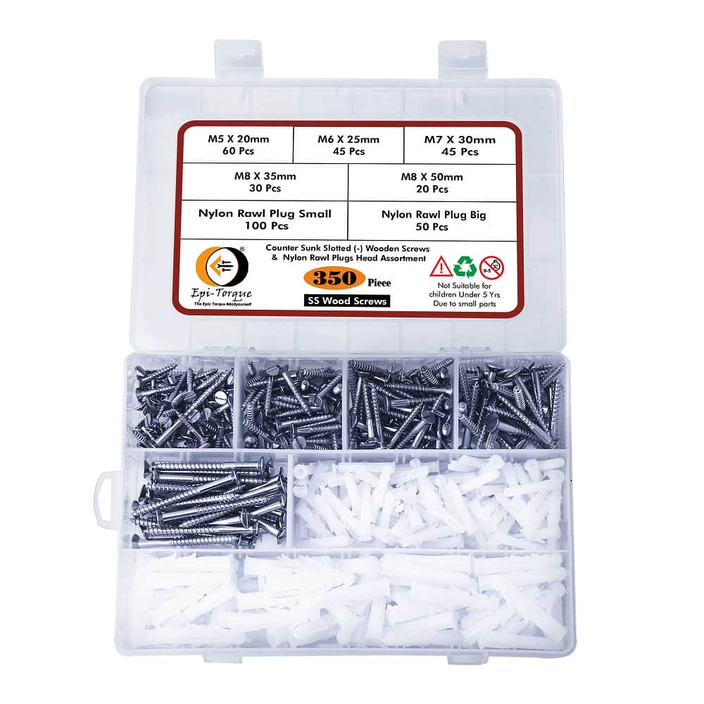 350 Pcs Stainless Steel Wood Screws, Rawl Plugs Assortment Pack 2