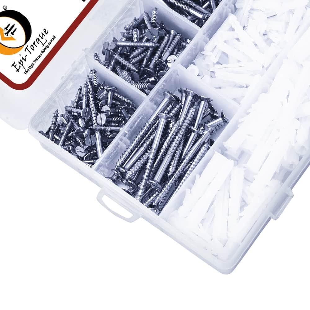 350 Pcs Stainless Steel Wood Screws, Rawl Plugs Assortment Pack 4