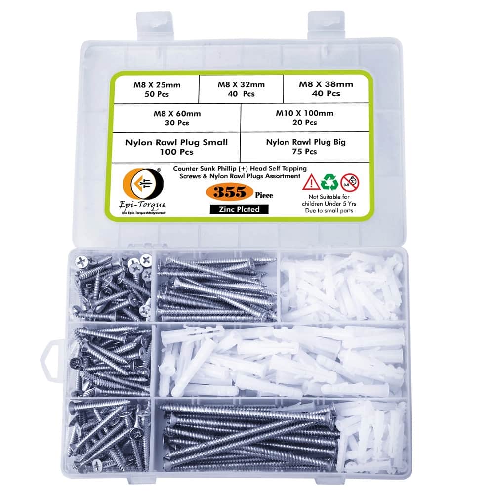 355 Pcs Zinc Plated Counter Sunk Phillip Head Screws & Plastic Rawl Plug Assortment 2
