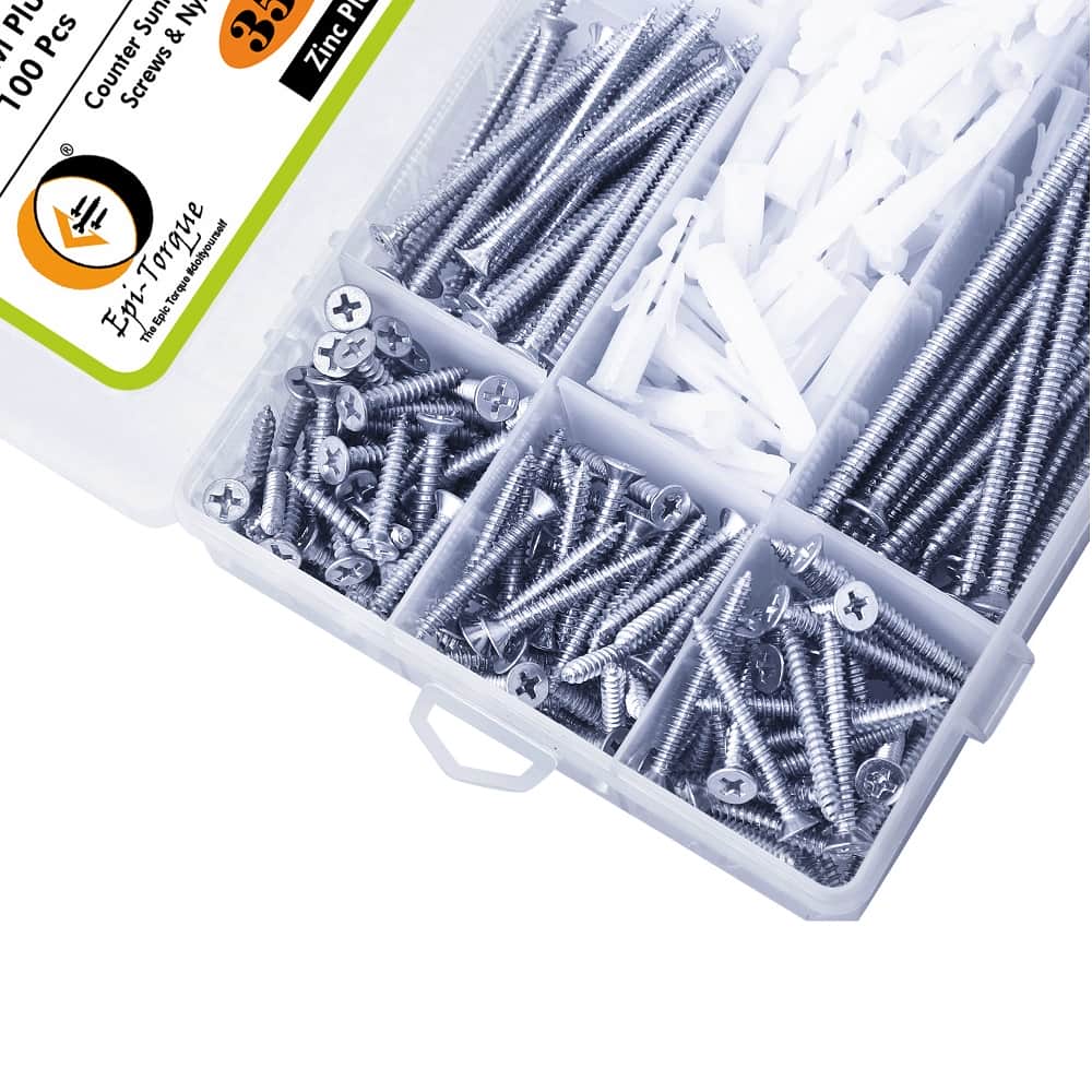 355 Pcs Zinc Plated Counter Sunk Phillip Head Screws & Plastic Rawl Plug Assortment 4