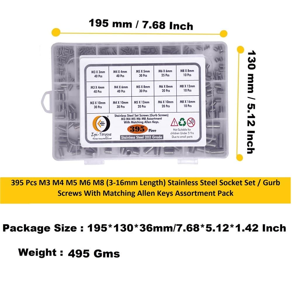 395 Pcs 15 Sizes Stainless Steel Socket Set Grub Screws Assortment Pack 7