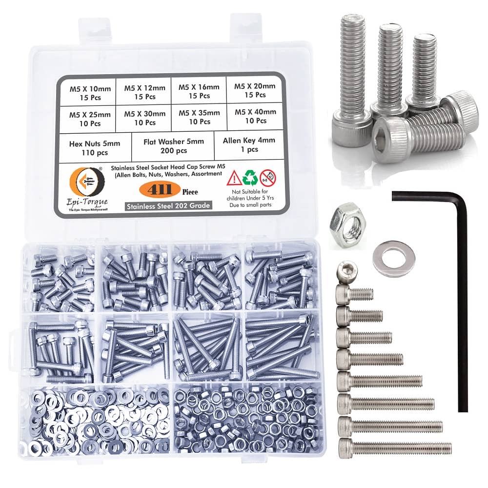 411 Pcs M5 Dia Stainless Steel Socket Head Allen Bolts Assortment Pack 1