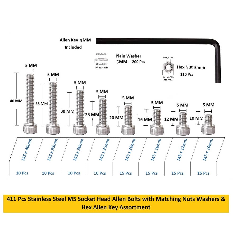 411 Pcs M5 Dia Stainless Steel Socket Head Allen Bolts Assortment Pack 4