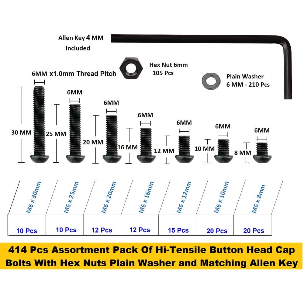 414 Pcs M6 Dia 10.9 Grade Hi Tensile Button Head Bolts Assortment Pack 3