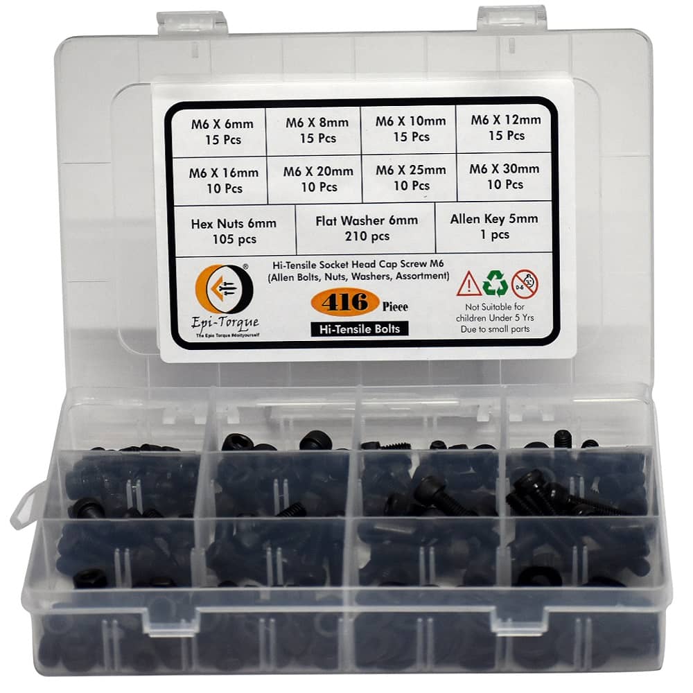 416 Pcs M6 Dia 12.9 Grade Hi Tensile Socket Head Allen Bolts Assortment Pack 4