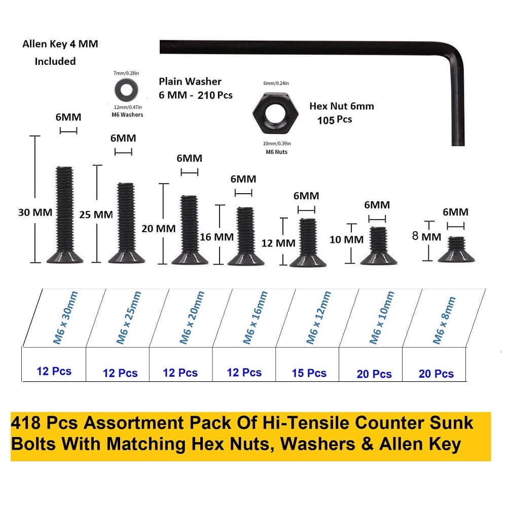 418 Pcs M6 Dia 10.9 Grade Hi Tensile Counter Sunk Bolts Assortment Pack 3