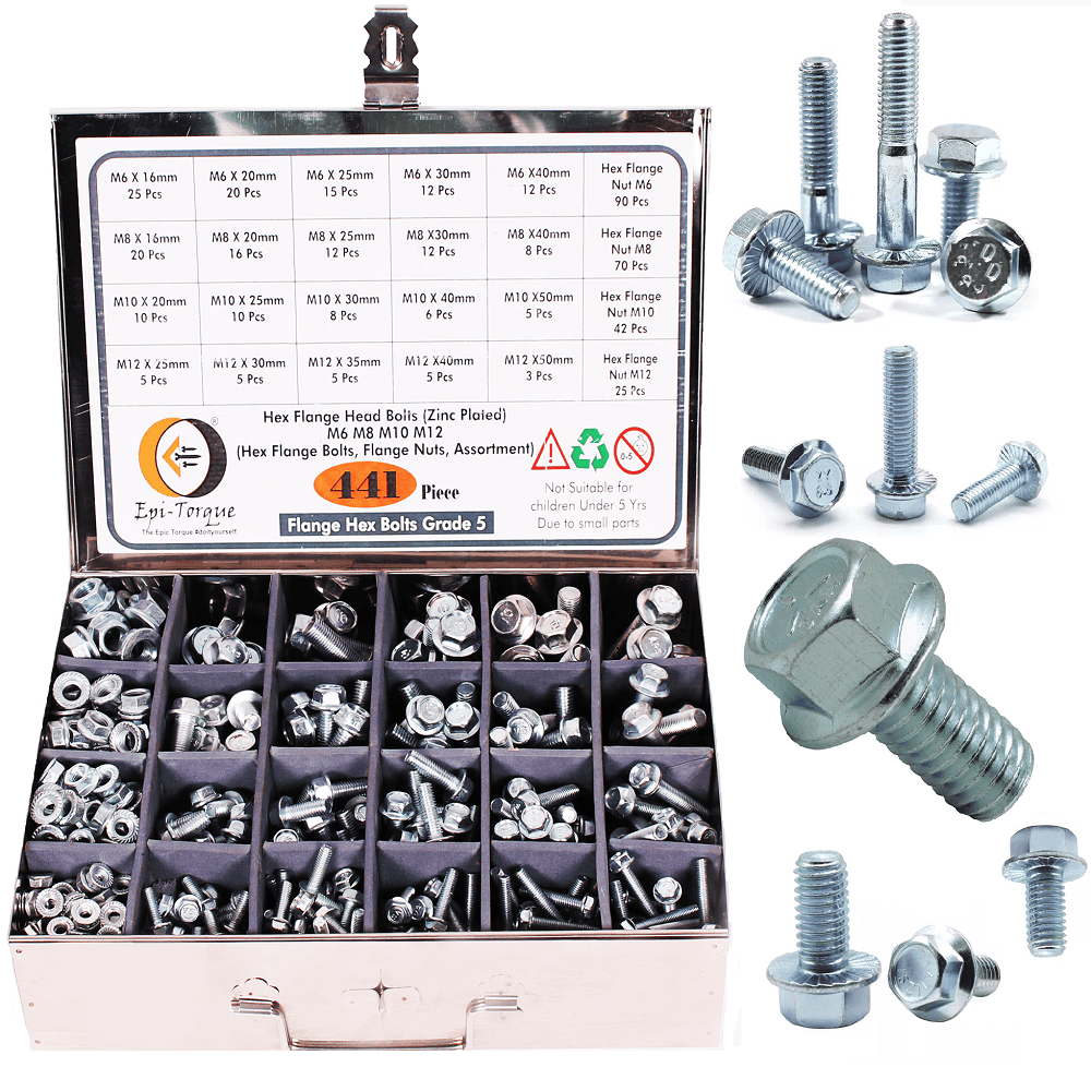 441 Pcs Mild Steel Zinc Plated Flange Hex Bolts M6 M8 M10 M12 Assortment Pack 1