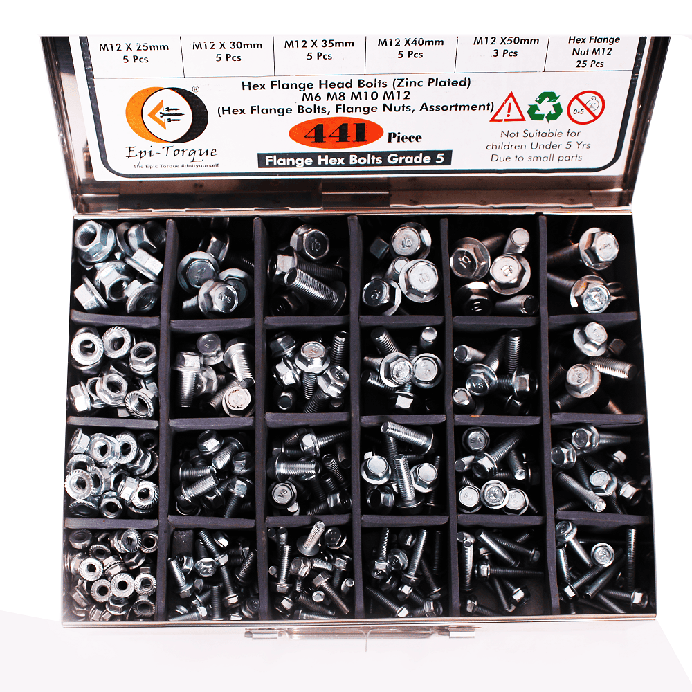441 Pcs Mild Steel Zinc Plated Flange Hex Bolts M6 M8 M10 M12 Assortment Pack 2