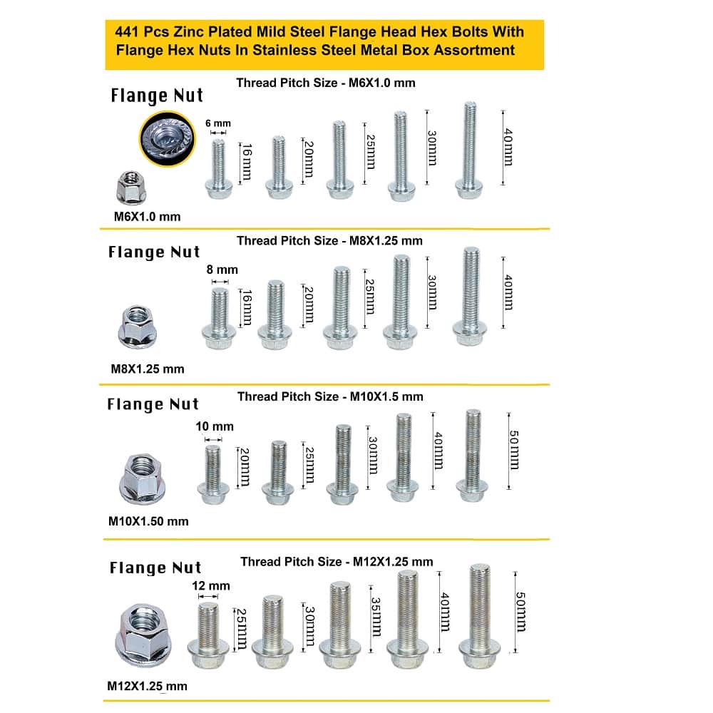 441 Pcs Mild Steel Zinc Plated Flange Hex Bolts M6 M8 M10 M12 Assortment Pack 3
