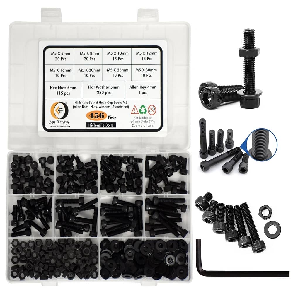 456 Pcs M5 Dia 12.9 Grade Hi Tensile Socket Head Allen Bolts Assortment Pack 1