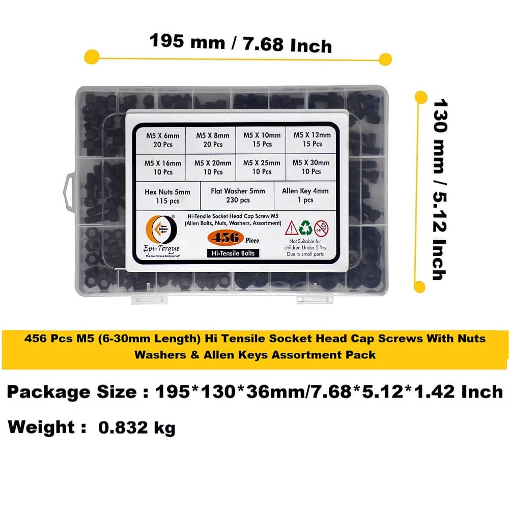 456 Pcs M5 Dia 12.9 Grade Hi Tensile Socket Head Allen Bolts Assortment Pack 6