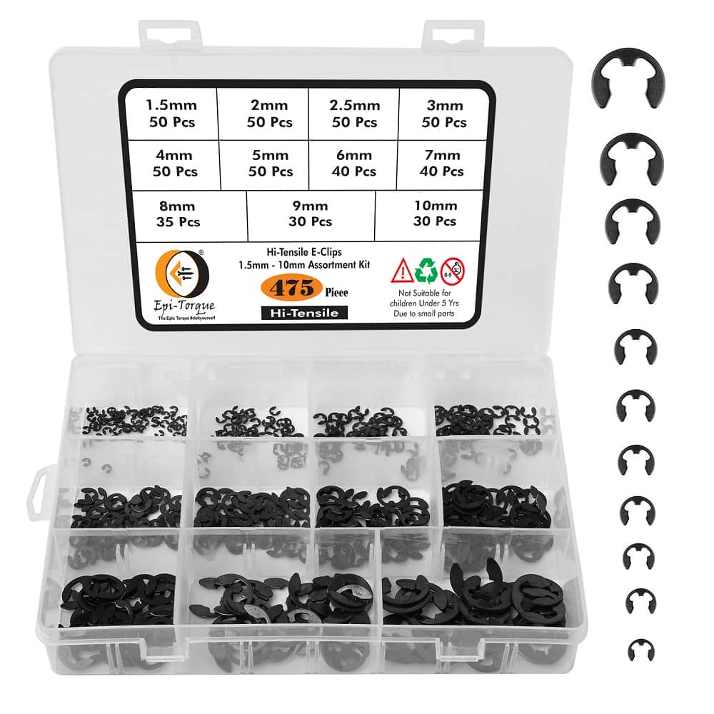 475 Pieces 11 Sizes Hi Tensile Black Alloy E-Clip 1.5mm-10mm External Retaining Ring Washer Assortment Pack 1