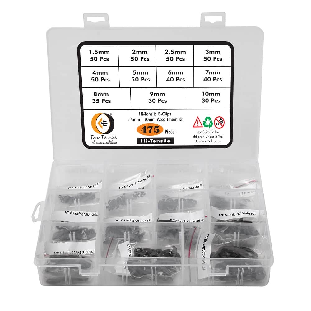 475 Pieces 11 Sizes Hi Tensile Black Alloy E-Clip 1.5mm-10mm External Retaining Ring Washer Assortment Pack 2