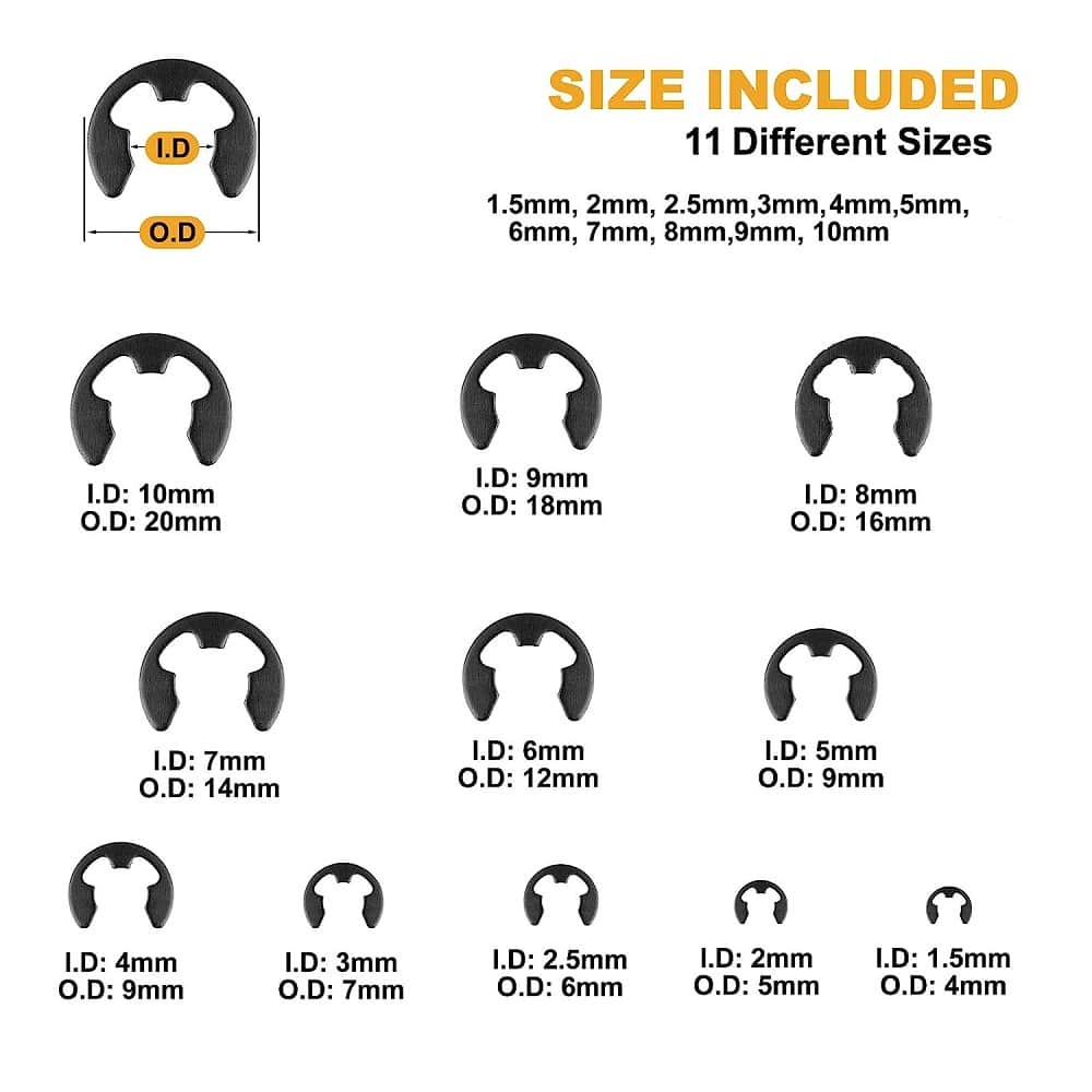 475 Pieces 11 Sizes Hi Tensile Black Alloy E-Clip 1.5mm-10mm External Retaining Ring Washer Assortment Pack 6