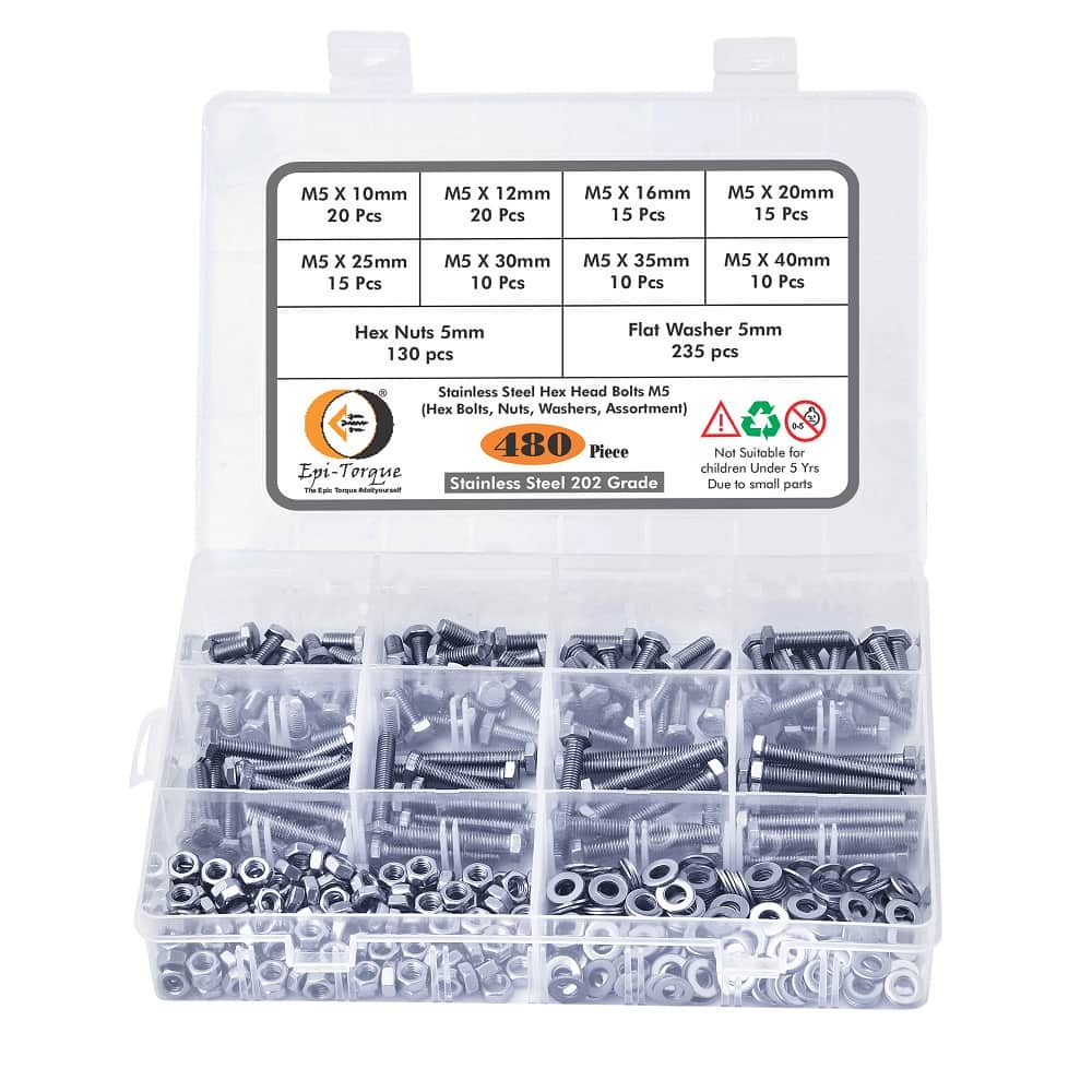 480 Pcs M5 Dia Stainless Steel Hex Head Bolts, Nuts, Washers Assortment Pack 1